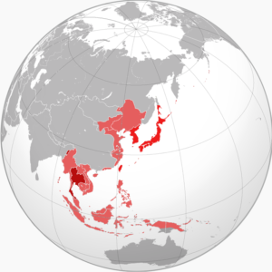 Wikipedia diagram illustrating the fullest extent of the "Greater East Asian Co-Posterity Sphere": Japan and its allies in dark red; occupied territories/client states in lighter red