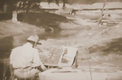 New Zealand soldier-artist working on landscape painting