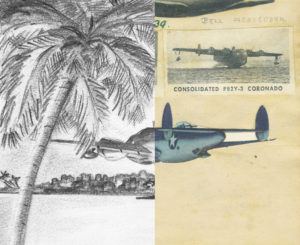 Digital collage of drawing and original photograph of Ventura bomber
