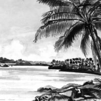 A. O. Pollock: Catalina PBY moored on lagoon