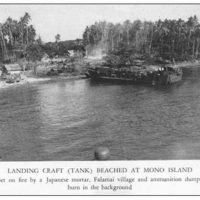 The invasion of Mono Island. Japanese forces are firing mortar. One struck the village church which they were using to store ammunition, destroying the church and razing the village.