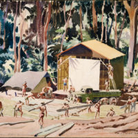 Russell Clark: "Building a new theatre, Guadalcanal" (Field Maintenance Centre) 1944 (Archives New Zealand)
