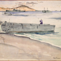 "Landing Craft on Shore, Ships in Distance" (Archives New Zealand)