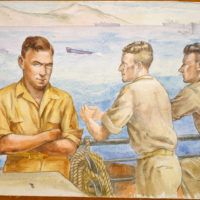 "Three soldiers at ship's railing"