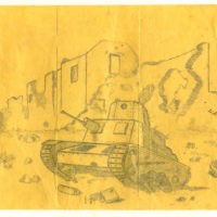Pencil drawing of wrecked Italian tank