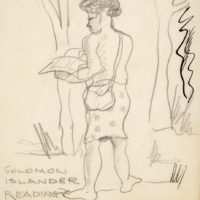"Solomon Islander reading copy of 'Life' abandoned by U.S.M.C. (U.S. Marine Corps), Guadalcanal" (Archives New Zealand)