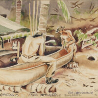 Watercolour by Oscar Kendall showing hollowing out of canoe